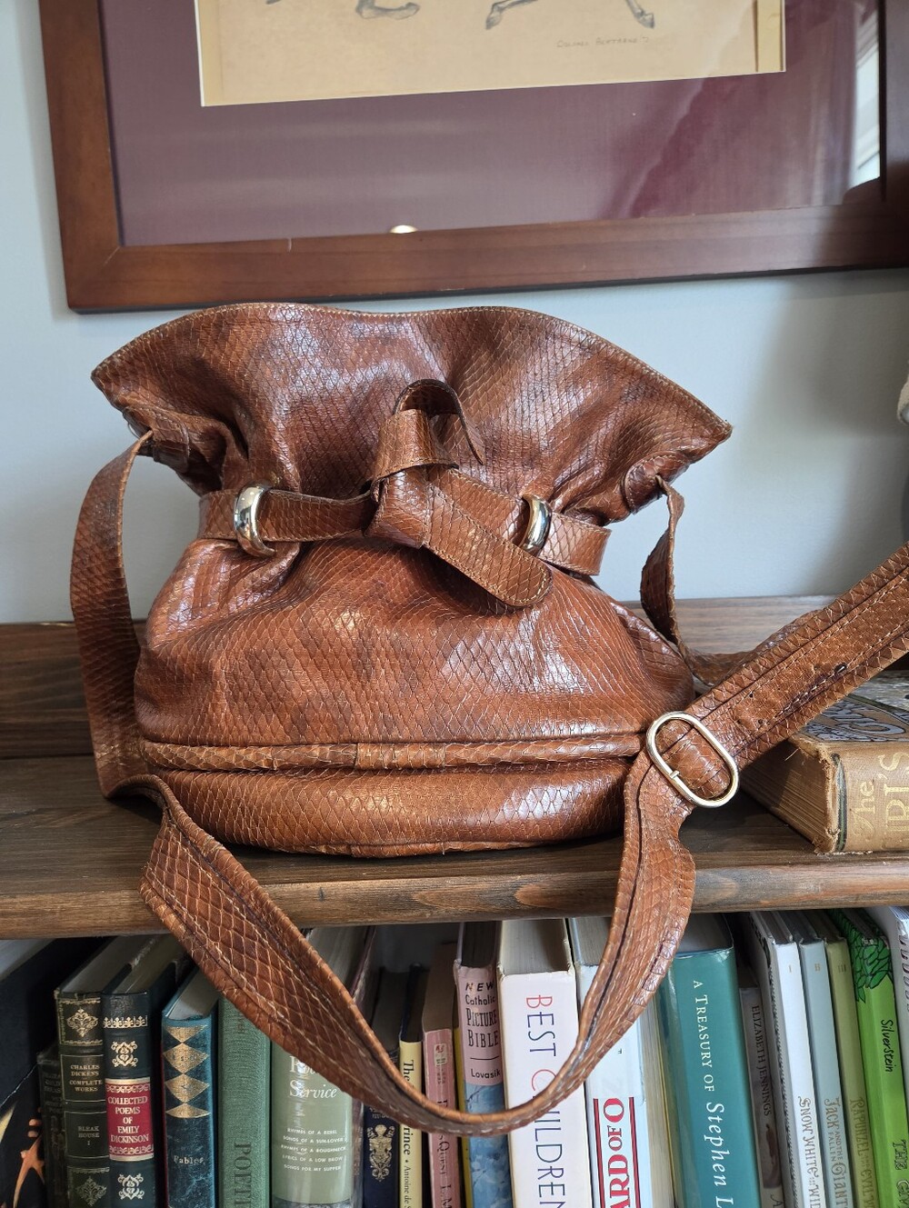 Vintage Francesco Biasa Genuine Snakeskin Leather Bucket Bag Purse Cognac Brown